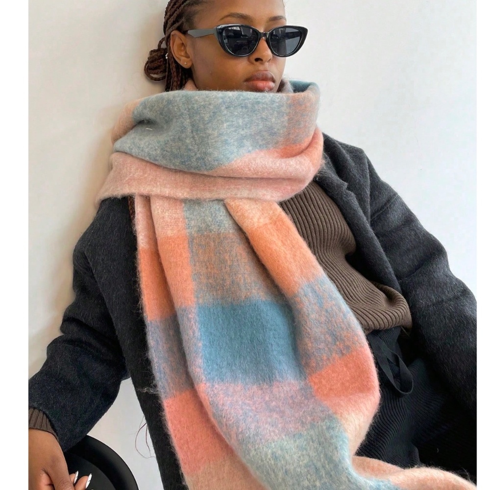 Plaid Multicolor Wide Shawl Scarf With Tassels Fuzzy Knit